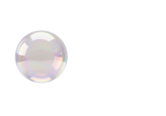 Translucent iridescent sphere with pastel gradients and holographic accents, floating on a stark white studio background with copy space, concept of future innovation