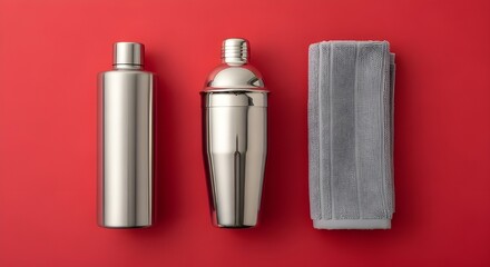 Cocktail making tools including shaker jigger and muddler on red background