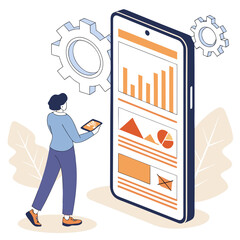 Data Visualization on Mobile Phone Screen with Settings Gear, A Person Reviewing Performance Statistics on a Smartphone Device