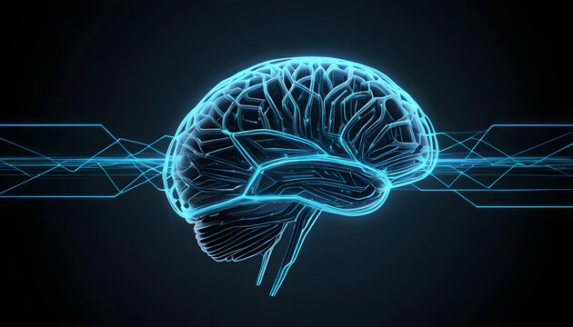 Digital brain, neural network, technology, artificial intelligence, futuristic concept and cyber visualization inspire wonder with glowing rendering capturing data flow in display