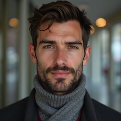 Portrait of Man Wearing Turtleneck Sweater with Serious Expression Indoors