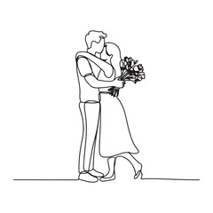 Single one line Art drawing man gives flowers to woman and hug her. Man giving to woman bouquet of flowers in wedding day. with white background