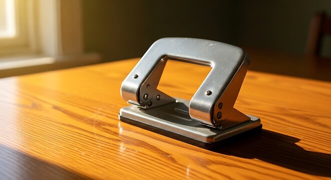 Sunlit office accessory, the quintessential paper puncher resting peacefully