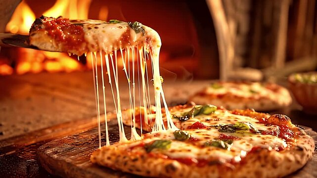Closeup shot gourmet pizza mozzarella cheese pulling strings 4k AI generated video. Fresh pizza wood fired oven Italian food commercial advertisement 4k AI generated video.