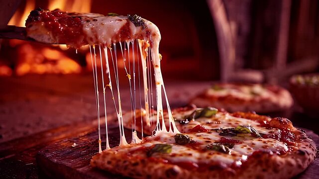 Gourmet Italian food recipe cooking commercial restaurant menu 4k AI generated video. Delicious pizza slice wood oven basil mozzarella cheese pulling strings 4k AI generated video.