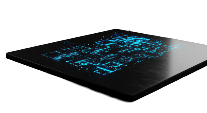 A highly polished, reflective dark surface with intricate, dynamic glowing electric blue, cyan, and subtle purple abstract patterns emerging, shifting, and dissipating in a studio. Concept of digital