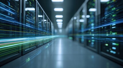 Server Room Data Center with Rows of Rack Servers, Telecommunications, Artificial Intelligence, and Cloud Computing
