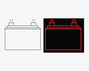 Simple Line Art of a Car Battery in White and Red Outline on Black