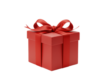 Pristine, luxurious red gift box with elegant satin ribbon and perfect bow, on a transparent studio background with soft studio lighting and ample negative space. Concept of reward and appreciation