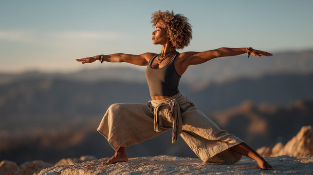 African American woman in yoga warrior pose on cliff at sunset, arms outstretched with beautiful landscape view - Powered by Adobe