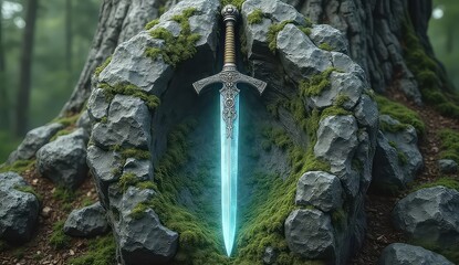Mysterious glowing sword emerges from mossy rock in ancient forest, inspiring adventure and legend.