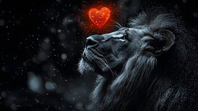 Grayscale portrait of a powerful lion gazing upward towards a vibrant sparkling red heart symbolizing love and strength