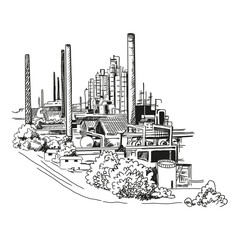Polymer chemical plant. Polymer chemical plant. Production buildings and factory buildings, hand-drawn in sketch style.