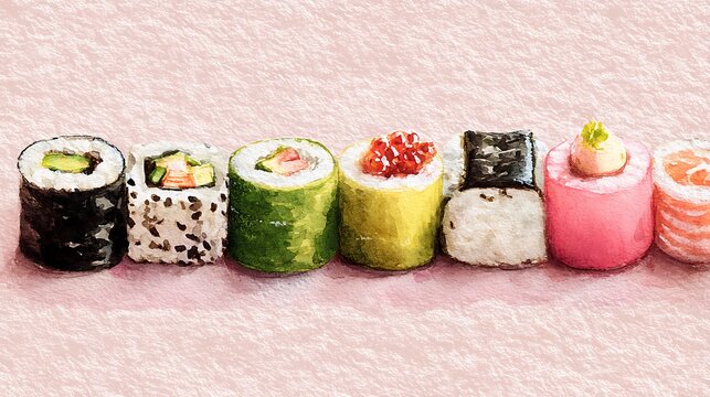 Soft watercolor illustration of colorful Maki sushi rolls, hand-painted Japanese style, textured paper background, delicate and pastel-toned colors - Powered by Adobe
