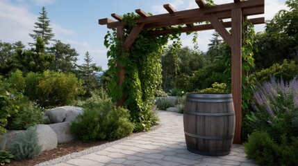Naklejka premium Serene Garden Pathway with Rustic Trellis and Barrel Surrounded by Lush Greenery