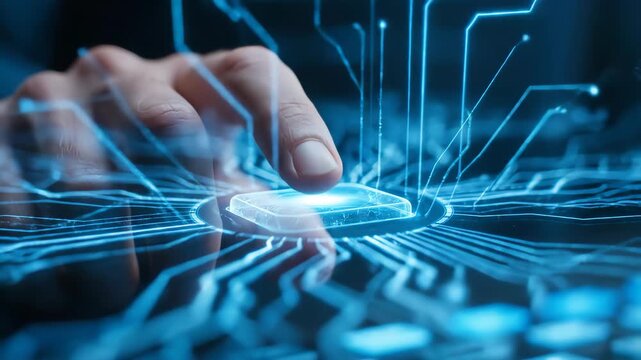 Hand finger pressing holographic button triggers digital data stream, futuristic technology interface innovation, glowing blue light, modern user experience, connectivity, progress, advanced