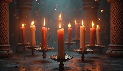 Mysterious ambiance with glowing candles, ancient pillars, and shimmering sparks creating a magical atmosphere