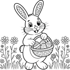 Adorable cartoon bunny holding a basket filled with easter eggs standing in a field of flowers black and white line art illustration