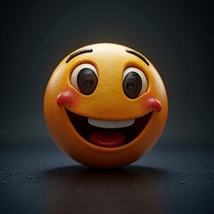 Round Yellow Emoticon with Big Grin, Smiling on Dark Background