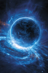 Obraz premium Blue planet surrounded by a luminous cosmic energy field and a swirling stellar nebula in deep space.