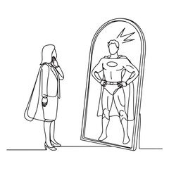 Single one line Art drawing businesswoman looking at reflection in mirror and seeing super hero standing. with white background