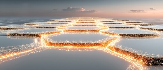Futuristic network of glowing hexagonal patterns stretches into horizon, symbolizing connectivity and innovation. warm light contrasts with cool, serene background, creating sense of technological