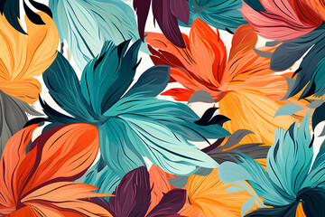 Bold floral design with warm tones in vibrant shades of red, orange, and teal creating a dynamic pattern