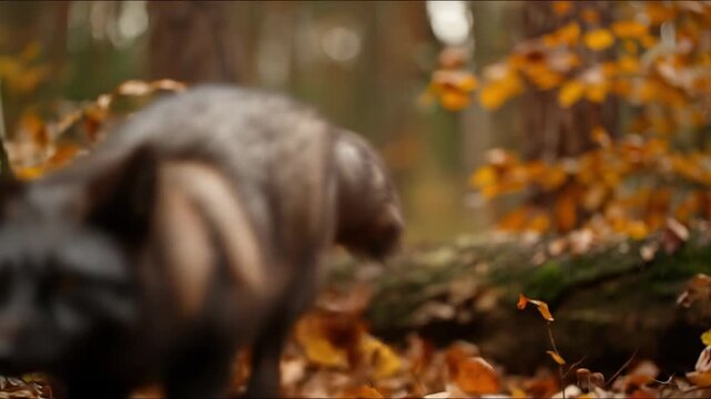 A Beautiful Silver Fox Prowls Over a Mossy Log in a Cinematic Autumn Forest
