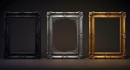 Digital Rendering of Ornate Black, Silver, and Gold Floral Picture Frames