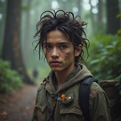 Serious Young Man Wearing Olive Green Jacket Walking in Misty Forest