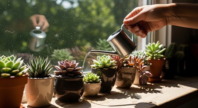 Hand gently irrigating a collection of potted succulents near a window