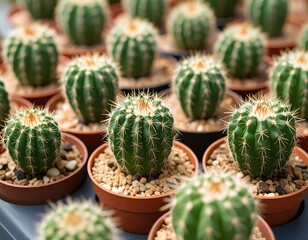Close-up of many small cacti in pots