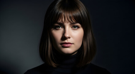 Fototapeta premium Confident young woman portrait serious expression bob haircut dark background professional headshot model beauty fashion female