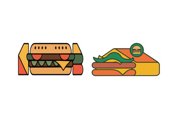 Two colorful abstract burger illustrations showcasing geometrical shapes and retro color palette for design and branding projects
