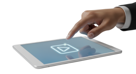 A clean, ethnically ambiguous human hand, unadorned, touches a sleek frameless tablet with a glowing, vibrant 'play' icon on screen, against a bright white surface, symbolizing seamless digital