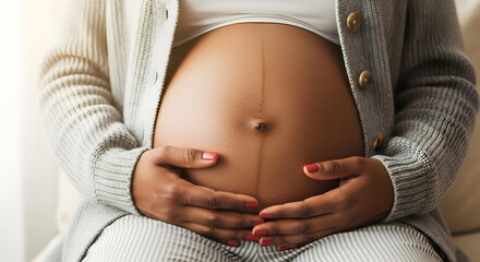 Expecting mother gently cradling her baby bump glowing skin pregnancy motherhood maternity belly