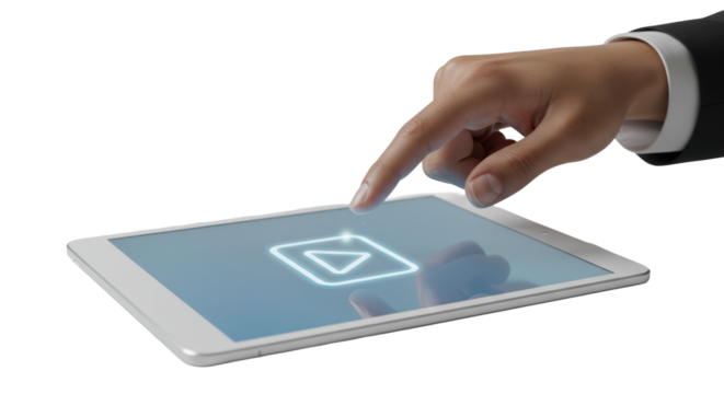 A clean, ethnically ambiguous human hand, unadorned, touches a sleek frameless tablet with a glowing, vibrant 'play' icon on screen, against a bright white surface, symbolizing seamless digital