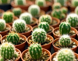 Close-up of many small cacti in terracotta pots