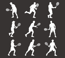 Tennis player silhouette set, athletes in dynamic poses with rackets, sports vector icons for games, matches, competition, training, fitness
