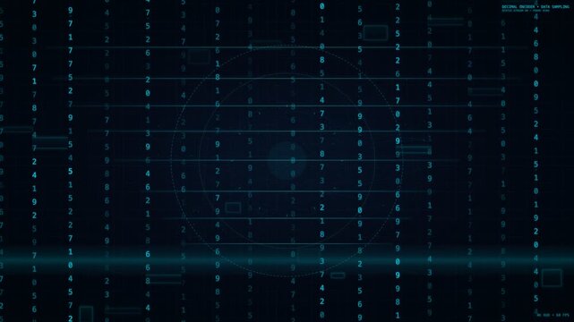 Abstract Digital Data Stream with Numbers and Geometric Shapes on Dark Background