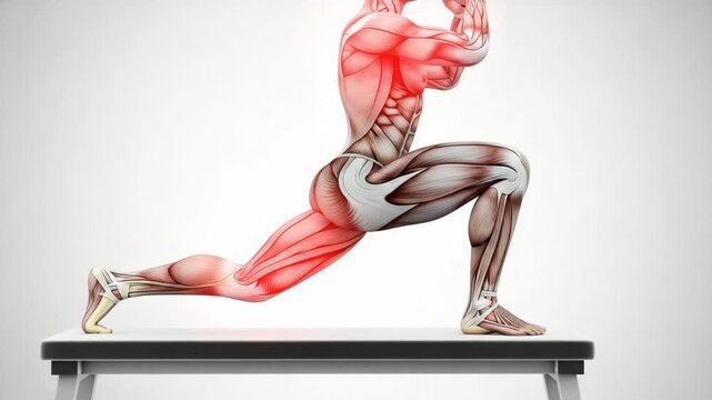 Lunges exercise visual muscle anatomy on platform with red highlights for educational fitness and health content, showcasing workout anatomy and exercise science.