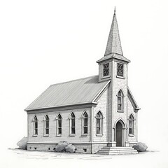 Simple Gray Church Building with Tall Steeple on Plain Background
