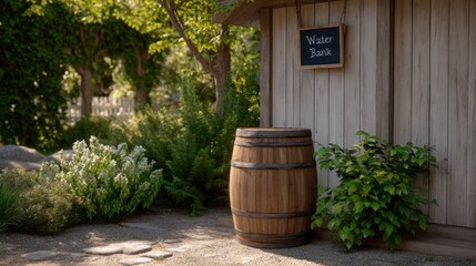 Rustic Wooden Barrel and Water Bank Sign in a Serene Garden Setting with Lush Greenery