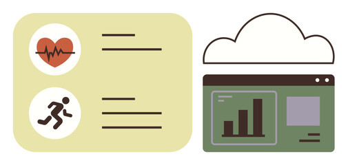 Heart rate and fitness tracking icons beside green analytics dashboard with bar chart and cloud graphic. Ideal for health monitoring, cloud storage, fitness apps, analytics, progress tracking, data