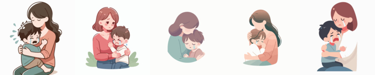 vector of a boy crying in his mother's arms