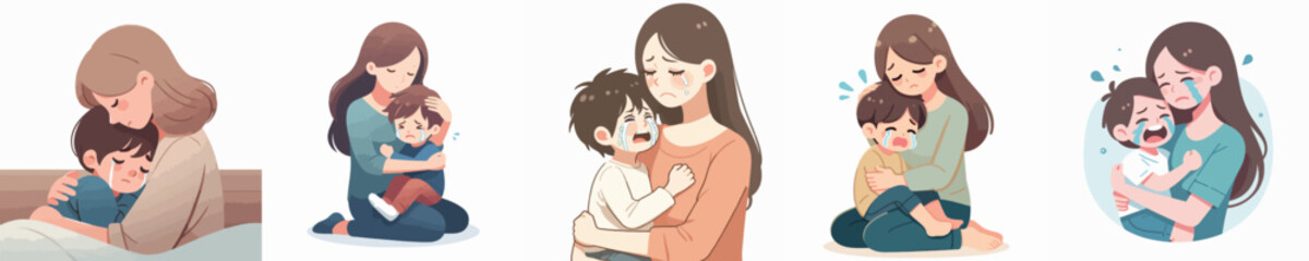vector of a boy crying in his mother's arms