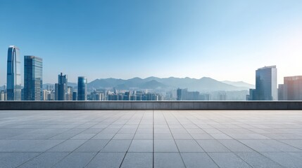 Fototapeta premium Modern Cityscape View with Empty Rooftop Terrace on Sunny Day - Urban Development and Architecture
