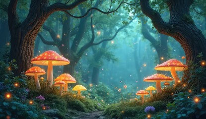 Enchanting bioluminescent forest path with glowing mushrooms and magical fairy lights