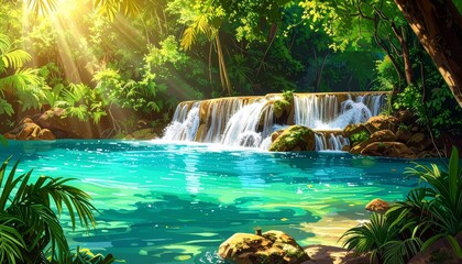Tropical waterfall cascading into a turquoise pool surrounded by lush greenery