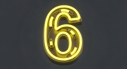 Yellow Neon Number Six Sign Glowing Brightly on Dark Background.